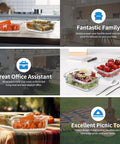 Collage showing 24 Piece Small Glass Food Storage Containers with Lids 1.5 Cup Meal Prep Set in various lifestyle settings.