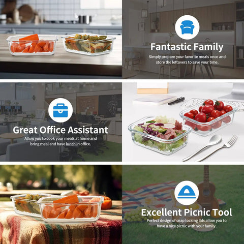 Collage showing 24 Piece Small Glass Food Storage Containers with Lids 1.5 Cup Meal Prep Set in various lifestyle settings.