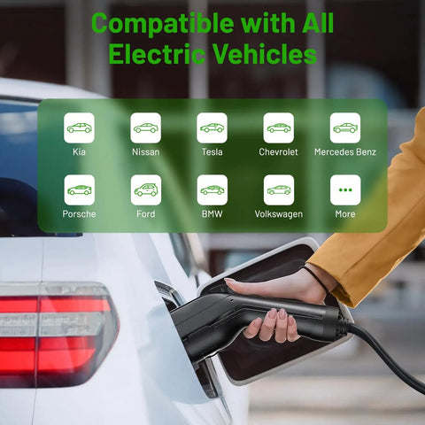 Level 2 EV Charger For Home Use Up To 48 Amp 240V Indoor Outdoor Fast Charging Station EV connection on car in driveway.