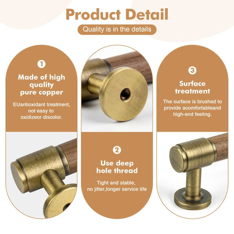 Product detail showing Set Of Five Sleek Solid Brass And Walnut Wood Cabinet Pulls 4.7 Inch instructions and features