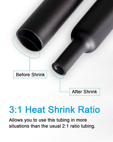 Dual Wall Adhesive Heat Shrink Tubing Set 36 Pieces Six Large Diameters 3 To 1 1.5 1.25 1 3/4 1/2 1/4 Inch Marine Glue Lined Cable Sleeve For DIY Electrical Wire Wrap Protector Black shown before and after 3:1 shrink ratio