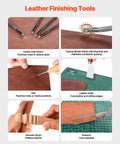 All In One Leather Craft Tool Kit 92 Piece Set With Portable Storage Bag Includes Engraving Punching Sewing Stamping Sanding Tools For Beginners DIY Enthusiasts And Pro Grade Leather Crafters showing leather finishing tools.