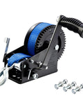 Beefy 3500 Lb Boat Trailer Winch, Portable Hand Crank With 33 Ft Strap, Dual Gear Ratios 4-to-1 And 8-to-1, Blue Finish, Built For Boat, Trailer, Truck, RV, ATV And Jet Ski Towing; black frame with blue strap