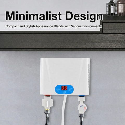 Instant Hot Water Heater Tankless 5.5Kw Electric On Demand Unit Featuring Touchscreen Control And Rust Proof Stainless Steel Body mounted on the wall.