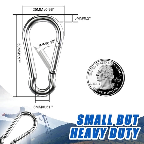 Carabiner clip, stainless steel, 1.97 in, heavy-duty for camping, hiking, keys