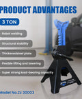 ANTPOWER 3 Ton jack stand with blue tool, front view of black steel automotive lifting stand