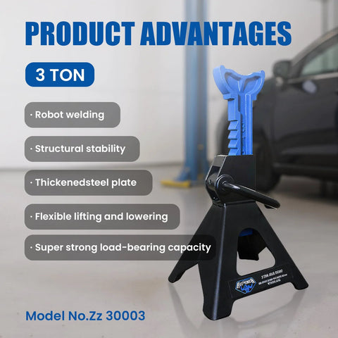 ANTPOWER 3 Ton jack stand with blue tool, front view of black steel automotive lifting stand