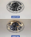 Dual image of 18-Inch Caged Flush Mount Ceiling Fan With Lights And Remote, top view showing lights off and on.