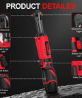 Cordless Ratchet Wrench Kit With LED Light, 12V Workhorse Power Tool Kit features highlighted components and controls.