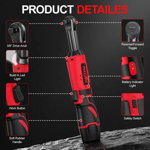 Cordless Ratchet Wrench Kit With LED Light, 12V Workhorse Power Tool Kit features highlighted components and controls.