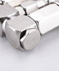 Close-up of metal couplers on 2-Way Air Hose Splitter Manifold With Quick Connect Fittings Two Universal Type Couplers And Industrial Type Plug Swivel Air Compressor Accessories For Splitting One Air Line Into Two Circuits