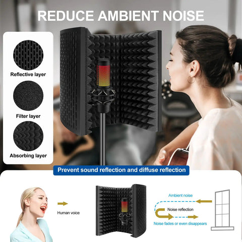 Studio Recording Microphone Isolation Shield for Blue Yeti and Condenser Mics, Adjustable Folding Acoustic Shield setup