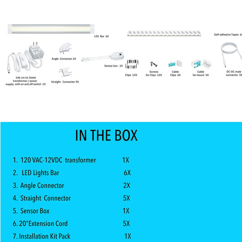 Led Dimmable Under Cabinet Lighting Kit With Hand Wave Activation, Motion Sensor, Touchless Dimming components in box