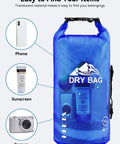 Transparent blue dry bag showing phone, sunscreen, and camera inside, labeled for organization, 30L for kayaking and beach use.