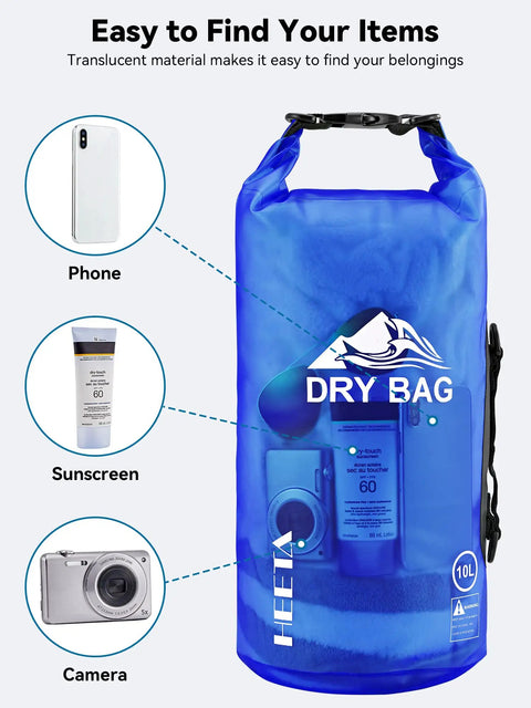 Transparent blue dry bag showing phone, sunscreen, and camera inside, labeled for organization, 30L for kayaking and beach use.