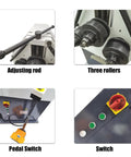 Heavy Duty Electric Three Roller Pinch Bend Machine With 2 Inch Rollers And 220V Power close-ups of adjusting rod, rollers, pedal and switches.