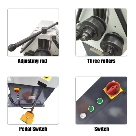 Heavy Duty Electric Three Roller Pinch Bend Machine With 2 Inch Rollers And 220V Power close-ups of adjusting rod, rollers, pedal and switches.