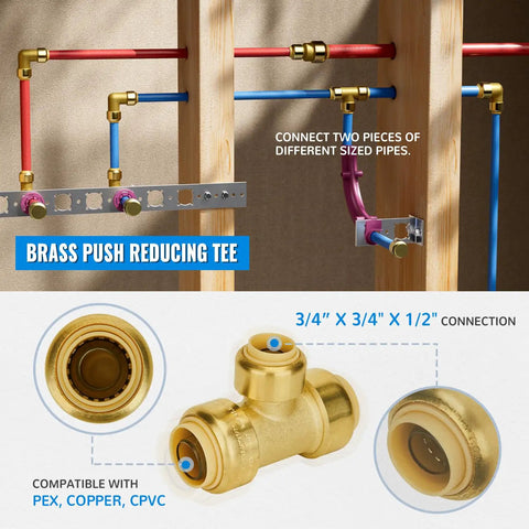 Reducing Tee Three Quarter Inch By Three Quarter Inch By Half Inch Brass Push To Connect Plumbing Fittings For PEX Copper CPVC No Lead With Two Disconnect Clips Pack Of Six