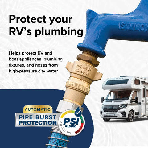 Camco brass RV water pressure regulator attached to a hose; front view with blue connector.