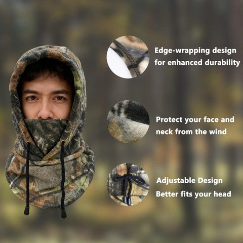 Cold Weather Huntin Balaclava Face Mask With Camo Pattern, windproof and breathable, close-up of edge-wrapping detail and drawstring.