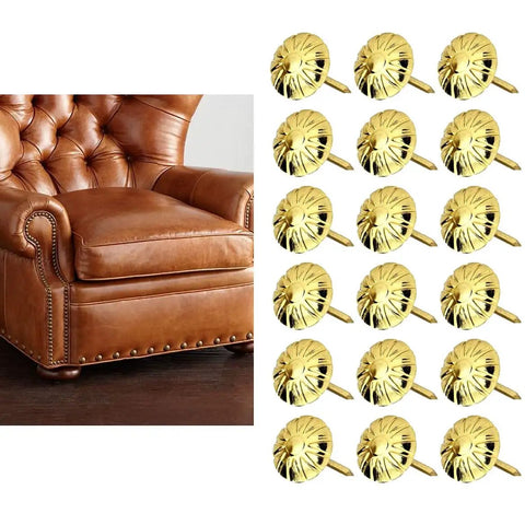 Top Tier 500 Piece Gold Metal Upholstery Tacks For Furniture Reupholstering And Cork Boards on brown leather chair.
