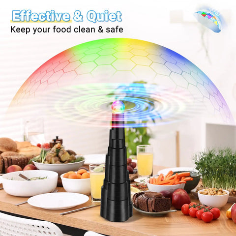 Rechargeable Fly Fans for Tables With LED Light on outdoor dining table with food, rainbow glow above fan, bug protection.