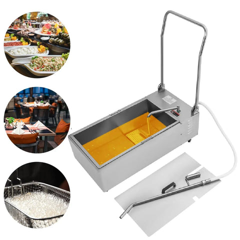 Heavy Duty Commercial Stainless Steel Fryer Oil Filter Machine 370W 110V Mobile Cart System For Restaurants with fryer tank and tools.