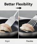 Two kitchen spatulas: rigid flat stainless steel spatula and flexible slotted fish spatula with silicone handle.