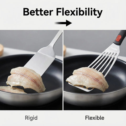 Two kitchen spatulas: rigid flat stainless steel spatula and flexible slotted fish spatula with silicone handle.