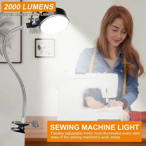 Beast Mode Clamp Light With Flexible Clip illuminating a sewing table, ultra bright 2000 lumen LED work light, 6500K white, flexible shaft