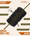 Size 36 Tarred Bank Line Cordage Black Nylon Twisted String For Fishing, Camping, And Outdoor Survival, Rugged Weather Resistant Bankline