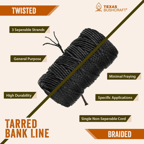 Size 36 Tarred Bank Line Cordage Black Nylon Twisted String For Fishing, Camping, And Outdoor Survival, Rugged Weather Resistant Bankline