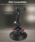 6 Inch Camera Suction Cup Mount With Ball Head Magic Arm For Car Windshield Or Dash shown with mounting adapters