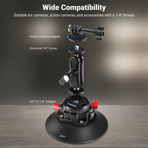 6 Inch Camera Suction Cup Mount With Ball Head Magic Arm For Car Windshield Or Dash shown with mounting adapters