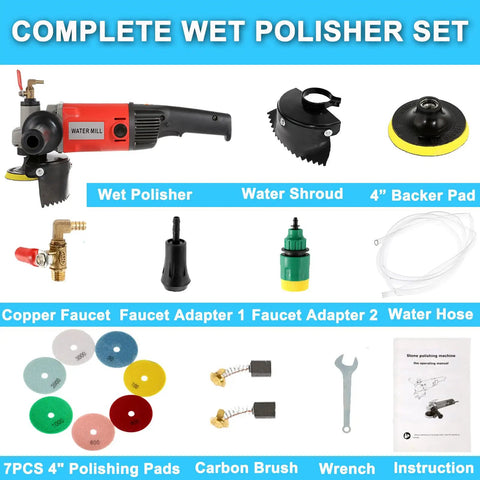 Complete wet polisher set with Powerful 1400W Wet Polisher Grinder With 110V Operation 4 Inch Variable Speed Stone Polisher Kit.