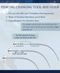 Diagram showing Pro Grade 18G 16G Piercing Taper Set Insertion Tool sizes in stainless steel, hypoallergenic for earrings and piercings.