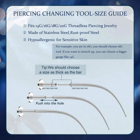 Diagram showing Pro Grade 18G 16G Piercing Taper Set Insertion Tool sizes in stainless steel, hypoallergenic for earrings and piercings.