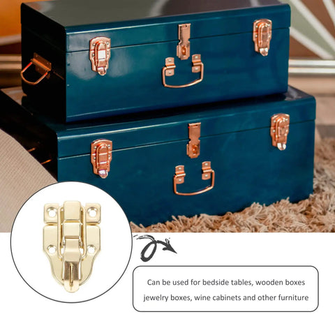 Retro Cabinet Duckbilled Toggle Hasp And Antique Padlock Kit shown on blue boxes with secure closures