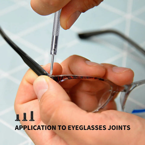 Person using M1.2 M1.4 M2 Laptop Screws Small Micro Tiny Fasteners on eyeglasses for repair, showcasing black carbon steel screws.