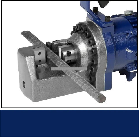 Close-up of Top Tier Cordless Electric Rebar Cutter Boring Machine RC 20 cutting through steel rebar with hydraulic mechanism.