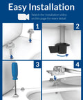 Step-by-step installation of Wood Toilet Seat With Easy Clean Hinges, showing non-corrosive bolts and wing nuts.