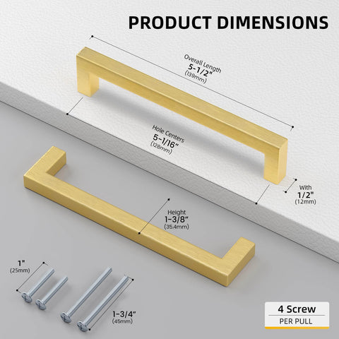 Five Inch Gold Cabinet Pulls 35 Pack Brushed Brass Drawer Handles Modern Square Stainless Steel Hardware dimensions