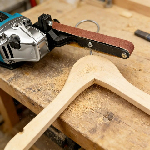 Upgrade Any Angle Grinder To A Belt Sander Instantly, belt sander attachment on wooden hanger, ideal for woodworking projects.