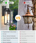 Comparison of Two Pack Dusk-To-Dawn Sensor Outdoor Wall Light Fixtures, Black Exterior Sconce With Anti-Rust Aluminum Frame vs. rusted lamp
