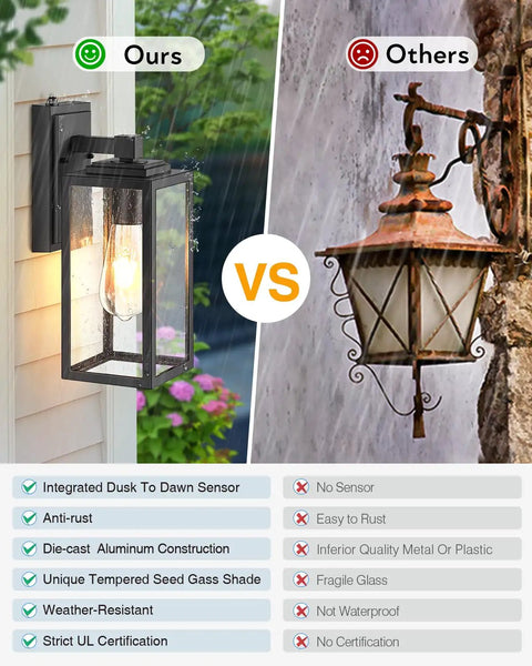 Comparison of Two Pack Dusk-To-Dawn Sensor Outdoor Wall Light Fixtures, Black Exterior Sconce With Anti-Rust Aluminum Frame vs. rusted lamp