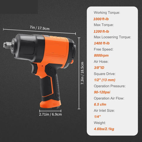 Heavy Duty 4.6 Lb Pneumatic Impact Wrench With 11 Piece 1/2 Inch Drive Steel Socket Set And Portable Carrying Case side view with dimensions