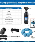 Packaging contents of Beast Floating Pond Fountain Aerator 1HP 110V Pump Delivers 15000 GPH with accessories and parts list.
