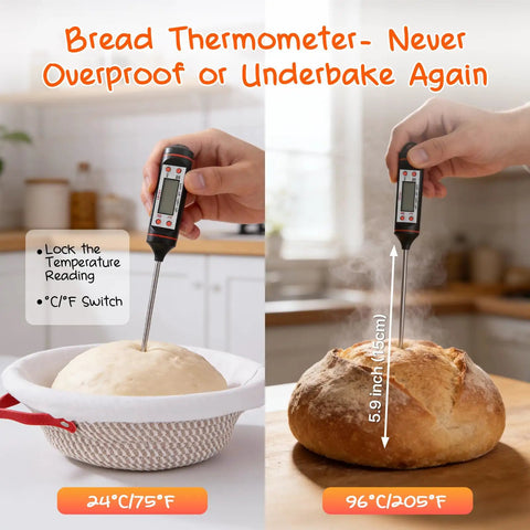 All In One Sourdough Starter Kit With 9 Inch Round And 11 Inch Oval Banneton Proofing Baskets showing temperature probe in dough and bread