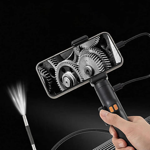 Heavy Duty Borescope Camera With Bendable Endoscope Lens For Tight Squeeze Diagnostics And Real Time Video Feed showing gears on phone display.