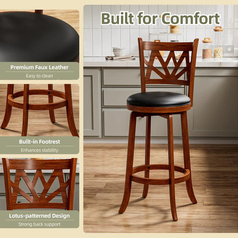 360 Degree Swivel Bar Stools Set Of 2 For Kitchen Island And Bar Farmhouse 30 Inch Height Chairs with carved lotus pattern.